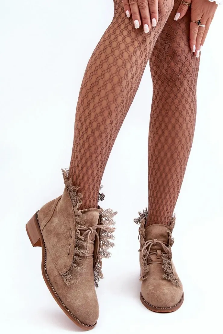 Damskie Boto Zamszowe Botki Damskie Na Płaskim Obcasie Beżowe Klemovia