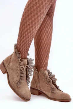 Damskie Boto Zamszowe Botki Damskie Na Płaskim Obcasie Beżowe Klemovia