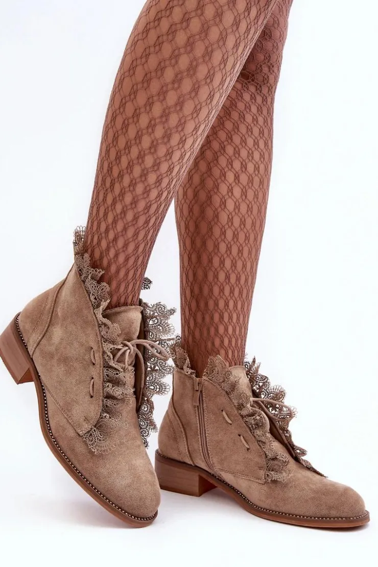 Damskie Boto Zamszowe Botki Damskie Na Płaskim Obcasie Beżowe Klemovia