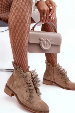 Damskie Boto Zamszowe Botki Damskie Na Płaskim Obcasie Beżowe Klemovia