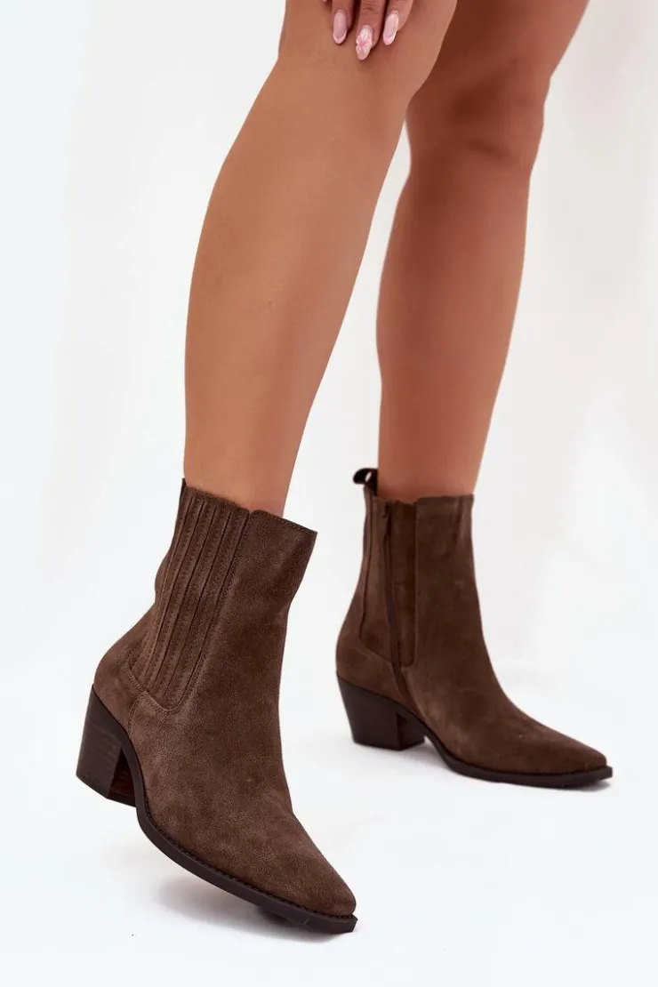 Damskie Boto Zamszowe Botki Damskie Na Słupku Ocieplane Khaki Arelia