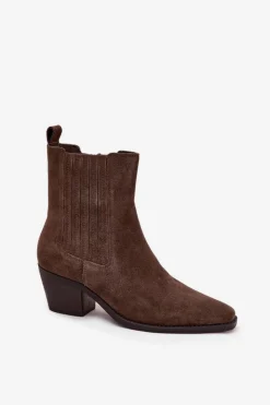 Damskie Boto Zamszowe Botki Damskie Na Słupku Ocieplane Khaki Arelia