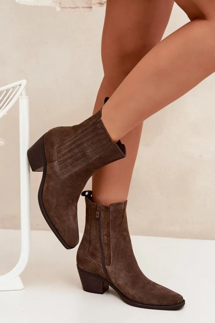 Damskie Boto Zamszowe Botki Damskie Na Słupku Ocieplane Khaki Arelia