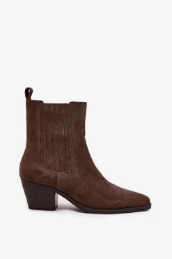 Damskie Boto Zamszowe Botki Damskie Na Słupku Ocieplane Khaki Arelia