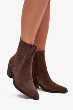 Damskie Boto Zamszowe Botki Damskie Na Słupku Ocieplane Khaki Arelia