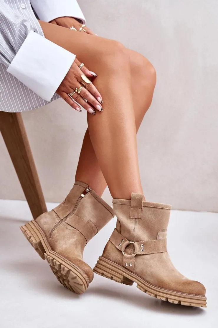 Boto Botki Płaskie|Botki Zamszowe*Zamszowe Botki Damskie Na Płaskim Obcasie Lewski 3610 Beżowe Beżowy