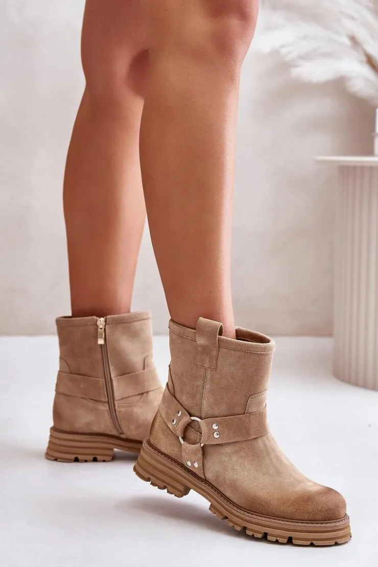 Boto Botki Płaskie|Botki Zamszowe*Zamszowe Botki Damskie Na Płaskim Obcasie Lewski 3610 Beżowe Beżowy