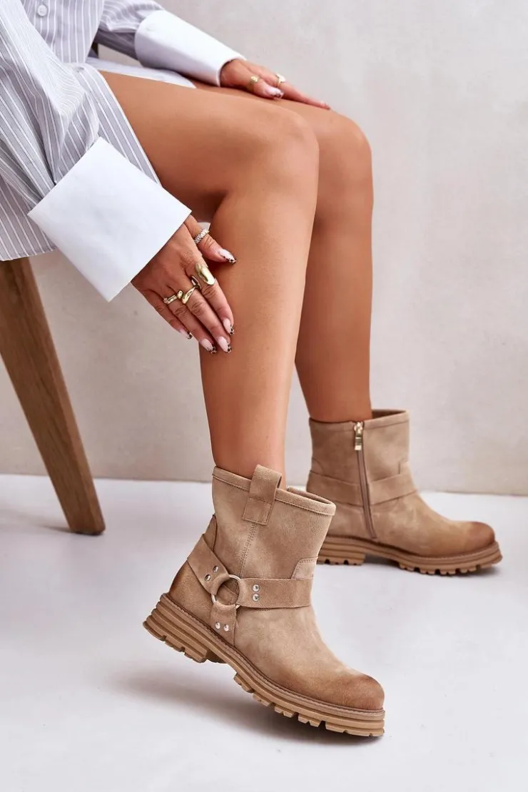 Boto Botki Płaskie|Botki Zamszowe*Zamszowe Botki Damskie Na Płaskim Obcasie Lewski 3610 Beżowe Beżowy