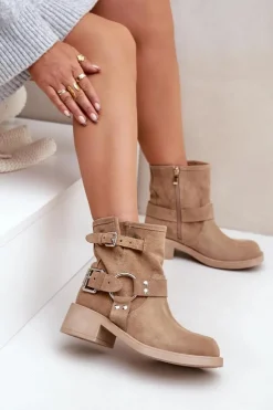 Zazoo Botki Na Obcasie*Zamszowe Botki Damskie Na Niskim Obcasie Klocku Z Paskami 3644 Beżowe Beżowy