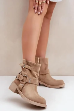 Zazoo Botki Na Obcasie*Zamszowe Botki Damskie Na Niskim Obcasie Klocku Z Paskami 3644 Beżowe Beżowy