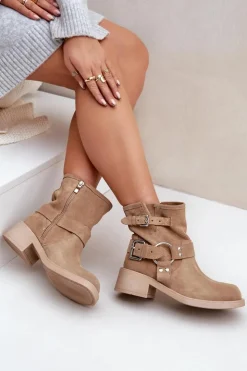 Zazoo Botki Na Obcasie*Zamszowe Botki Damskie Na Niskim Obcasie Klocku Z Paskami 3644 Beżowe Beżowy
