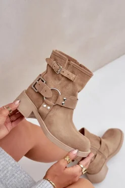 Zazoo Botki Na Obcasie*Zamszowe Botki Damskie Na Niskim Obcasie Klocku Z Paskami 3644 Beżowe Beżowy