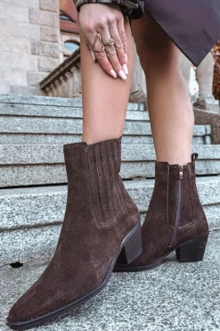 Damskie Boto Zamszowe Botki Damskie Na Słupku Ocieplane Brązowe Arelia