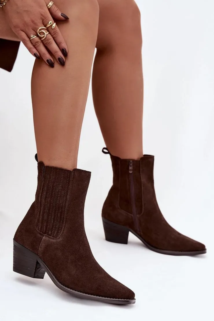 Damskie Boto Zamszowe Botki Damskie Na Słupku Ocieplane Brązowe Arelia