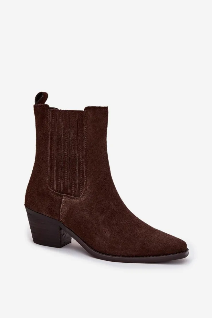 Damskie Boto Zamszowe Botki Damskie Na Słupku Ocieplane Brązowe Arelia