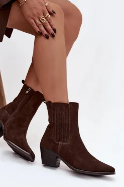 Damskie Boto Zamszowe Botki Damskie Na Słupku Ocieplane Brązowe Arelia