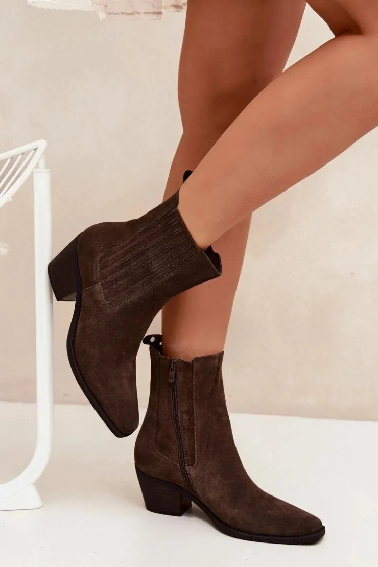 Damskie Boto Zamszowe Botki Damskie Na Słupku Ocieplane Brązowe Arelia