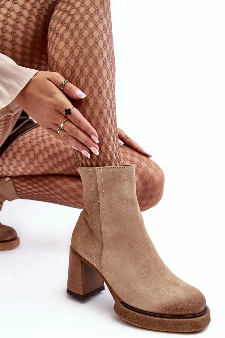 Damskie Boto Zamszowe Botki Damskie Na Słupku Beżowe Lemar Remilda