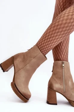 Damskie Boto Zamszowe Botki Damskie Na Słupku Beżowe Lemar Remilda