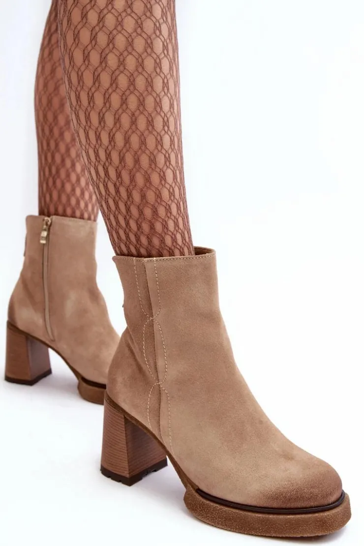 Damskie Boto Zamszowe Botki Damskie Na Słupku Beżowe Lemar Remilda