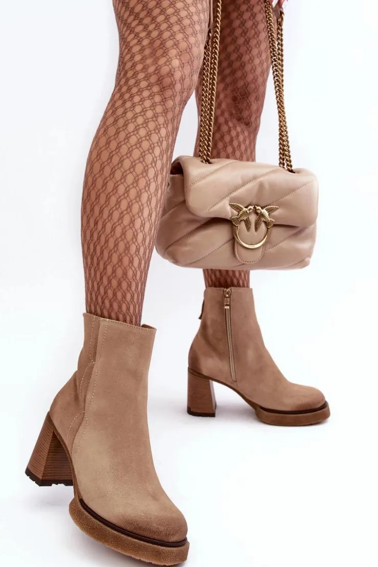 Damskie Boto Zamszowe Botki Damskie Na Słupku Beżowe Lemar Remilda