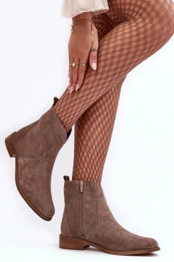 Boto Brązowe I Beżowe Botki|Botki Płaskie*Zamszowe Botki Damskie Na Suwak Ciemnobeżowe Nicole 2829