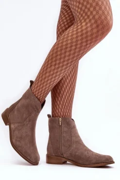 Boto Brązowe I Beżowe Botki|Botki Płaskie*Zamszowe Botki Damskie Na Suwak Ciemnobeżowe Nicole 2829