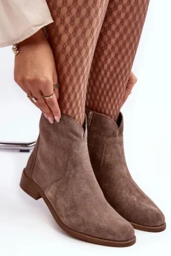 Boto Brązowe I Beżowe Botki|Botki Płaskie*Zamszowe Botki Damskie Na Suwak Ciemnobeżowe Nicole 2829