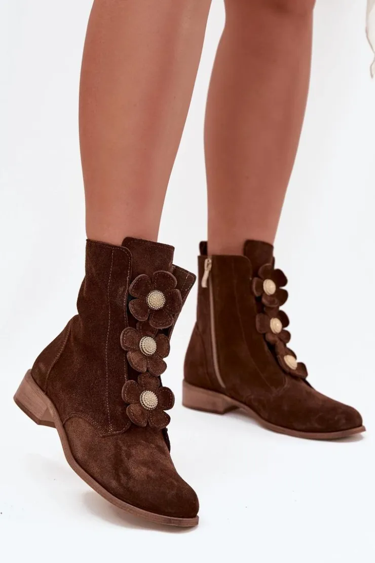 Damskie Zazoo Zamszowe Botki Damskie Z Ozdobnymi Kwiatkami 3085 Brązowe