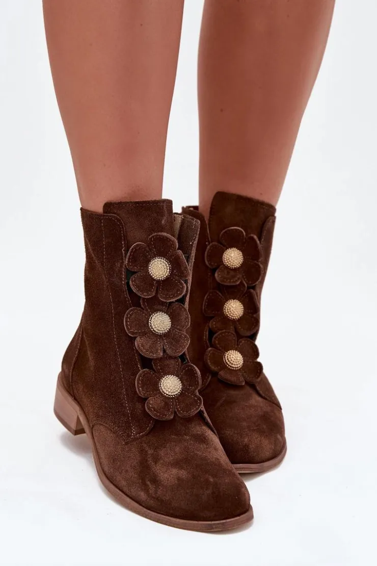 Damskie Zazoo Zamszowe Botki Damskie Z Ozdobnymi Kwiatkami 3085 Brązowe