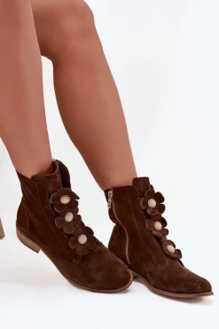 Damskie Zazoo Zamszowe Botki Damskie Z Ozdobnymi Kwiatkami 3085 Brązowe