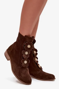 Damskie Zazoo Zamszowe Botki Damskie Z Ozdobnymi Kwiatkami 3085 Brązowe