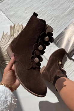 Damskie Zazoo Zamszowe Botki Damskie Z Ozdobnymi Kwiatkami 3085 Brązowe