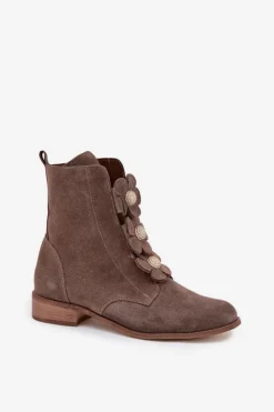 Hot Zazoo Zamszowe Botki Damskie Z Ozdobnymi Kwiatkami 3085 Ciemnobeżowe Beżowy