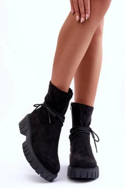 Damskie Boto Zamszowe Botki Damskie Z Wiązaniem Czarne Lineanor