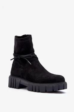 Damskie Boto Zamszowe Botki Damskie Z Wiązaniem Czarne Lineanor