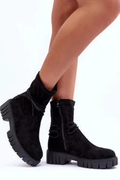 Damskie Boto Zamszowe Botki Damskie Z Wiązaniem Czarne Lineanor