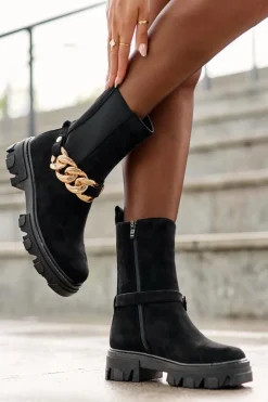 Hot Boto Zamszowe Botki Damskie Z Łańcuchem Czarne Nemette