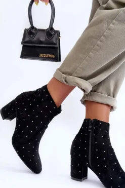 Boto Zamszowe Botki Damskie Zdobione Ćwiekami Czarne Antede