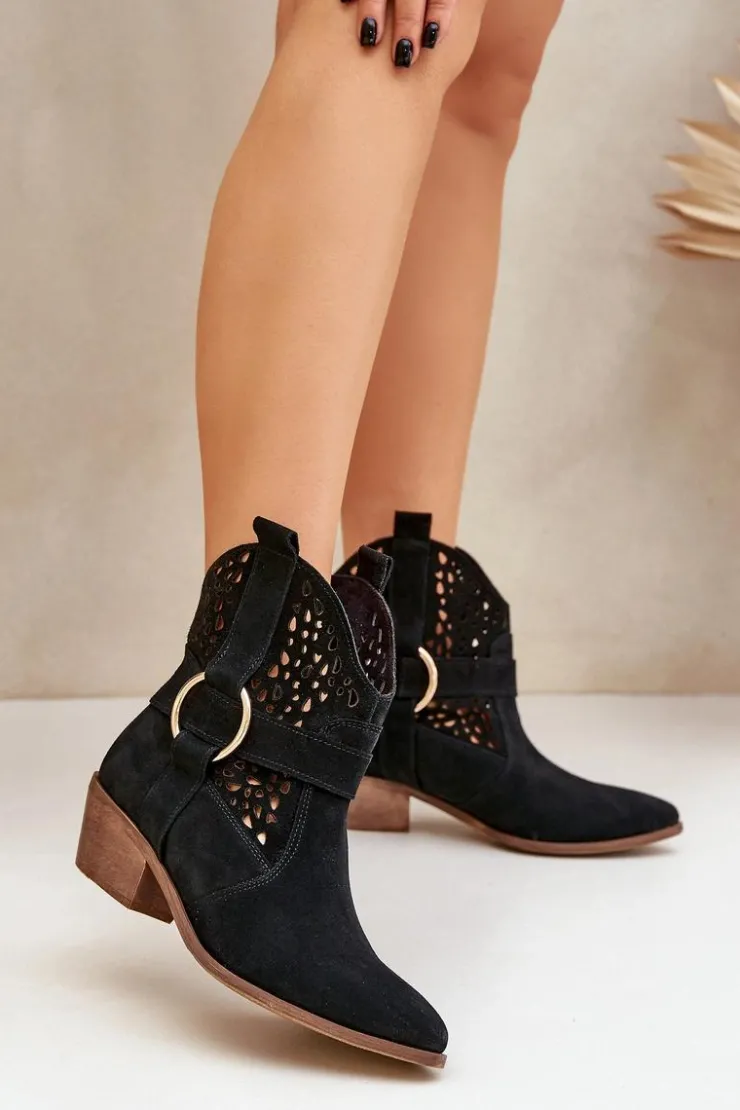 Hot Zazoo Zamszowe Botki Kowbojki Ażurowe Na Obcasie 2994 Czarne Czarny
