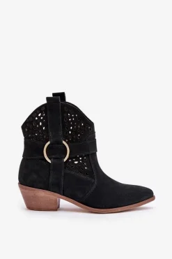 Hot Zazoo Zamszowe Botki Kowbojki Ażurowe Na Obcasie 2994 Czarne Czarny