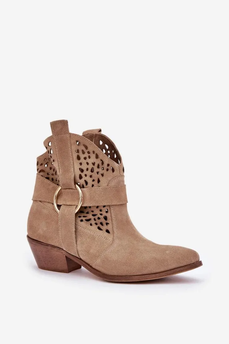 Zazoo Botki Wiosenne|Botki Na Słupku*Zamszowe Botki Kowbojki Ażurowe Na Obcasie 2994 Beżowe Beżowy