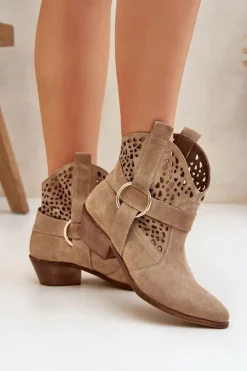 Zazoo Botki Wiosenne|Botki Na Słupku*Zamszowe Botki Kowbojki Ażurowe Na Obcasie 2994 Beżowe Beżowy