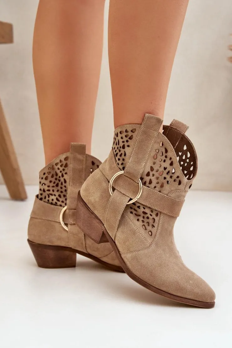 Zazoo Botki Wiosenne|Botki Na Słupku*Zamszowe Botki Kowbojki Ażurowe Na Obcasie 2994 Beżowe Beżowy
