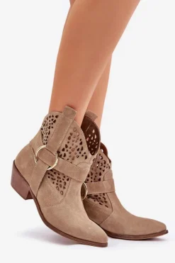 Zazoo Botki Wiosenne|Botki Na Słupku*Zamszowe Botki Kowbojki Ażurowe Na Obcasie 2994 Beżowe Beżowy