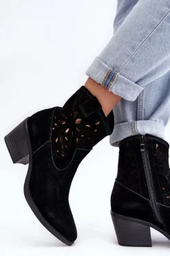 Damskie Damskie buty S.Barski Zamszowe Botki Kowbojki Ażurowe D&A SN622-20 Czarne