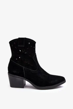 Damskie Damskie buty S.Barski Zamszowe Botki Kowbojki Ażurowe D&A SN622-20 Czarne