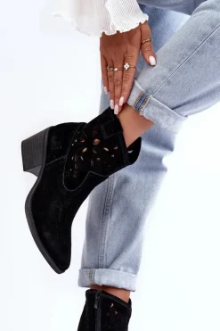 Damskie Damskie buty S.Barski Zamszowe Botki Kowbojki Ażurowe D&A SN622-20 Czarne