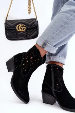 Damskie Damskie buty S.Barski Zamszowe Botki Kowbojki Ażurowe D&A SN622-20 Czarne