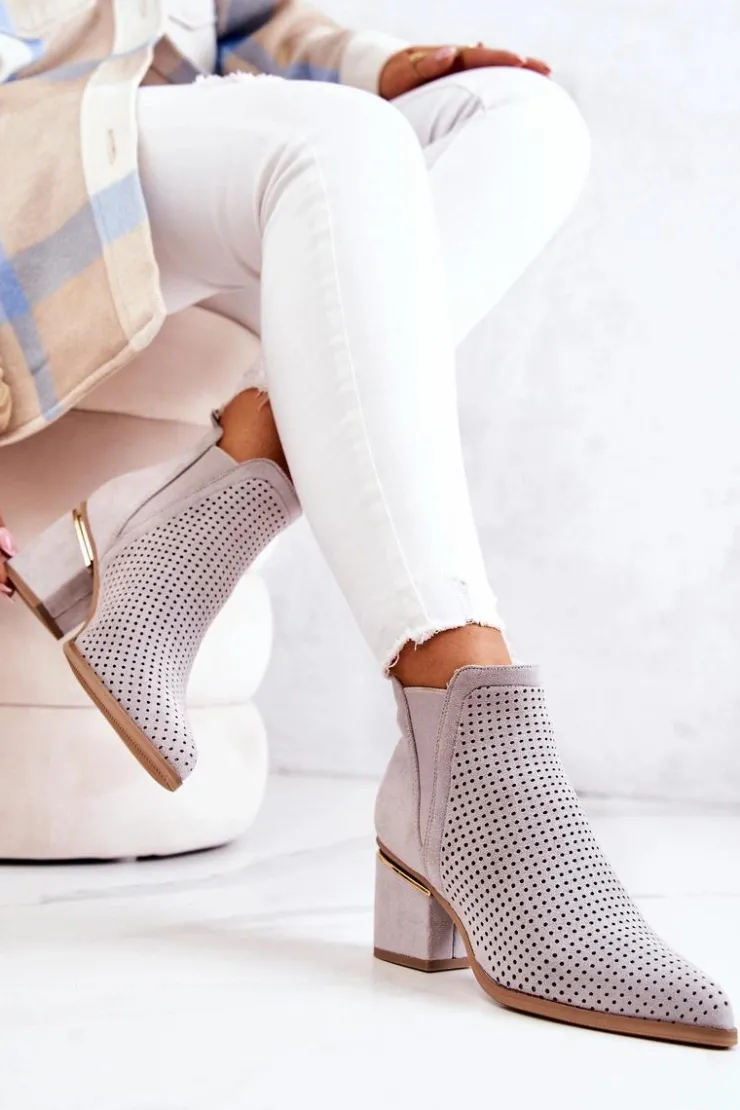 Damskie Boto Zamszowe Botki Kowbojki Ażurowe Szare Helloni